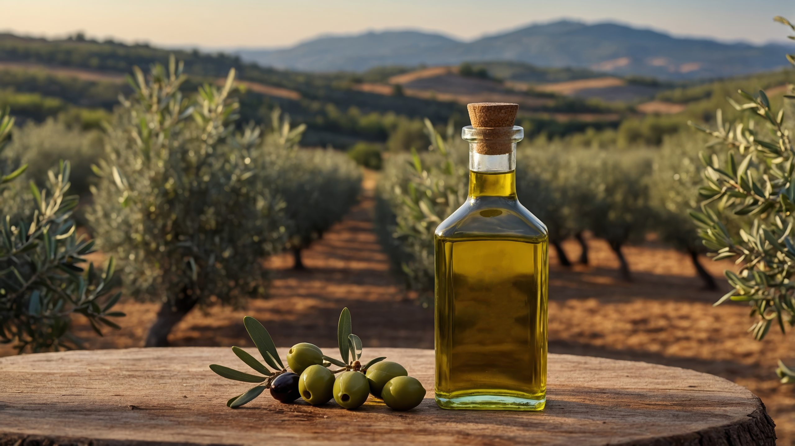 Olive oil sits on a rustic wooden stump, with fresh olives beside it. The background showcases a vibrant olive grove under a clear sky, highlighting the serene beauty of the landscape.